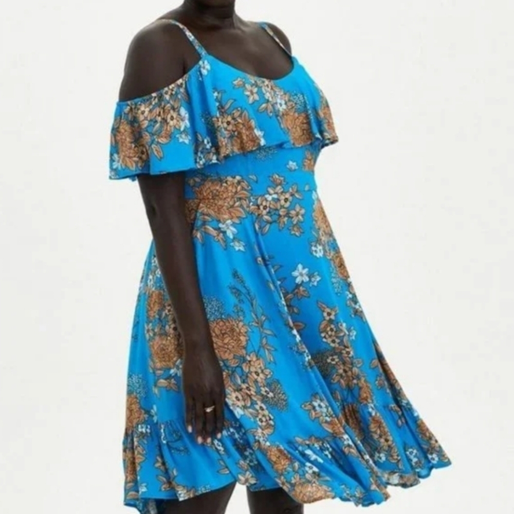 Torrid Floral Cold Shoulder Blue Dress